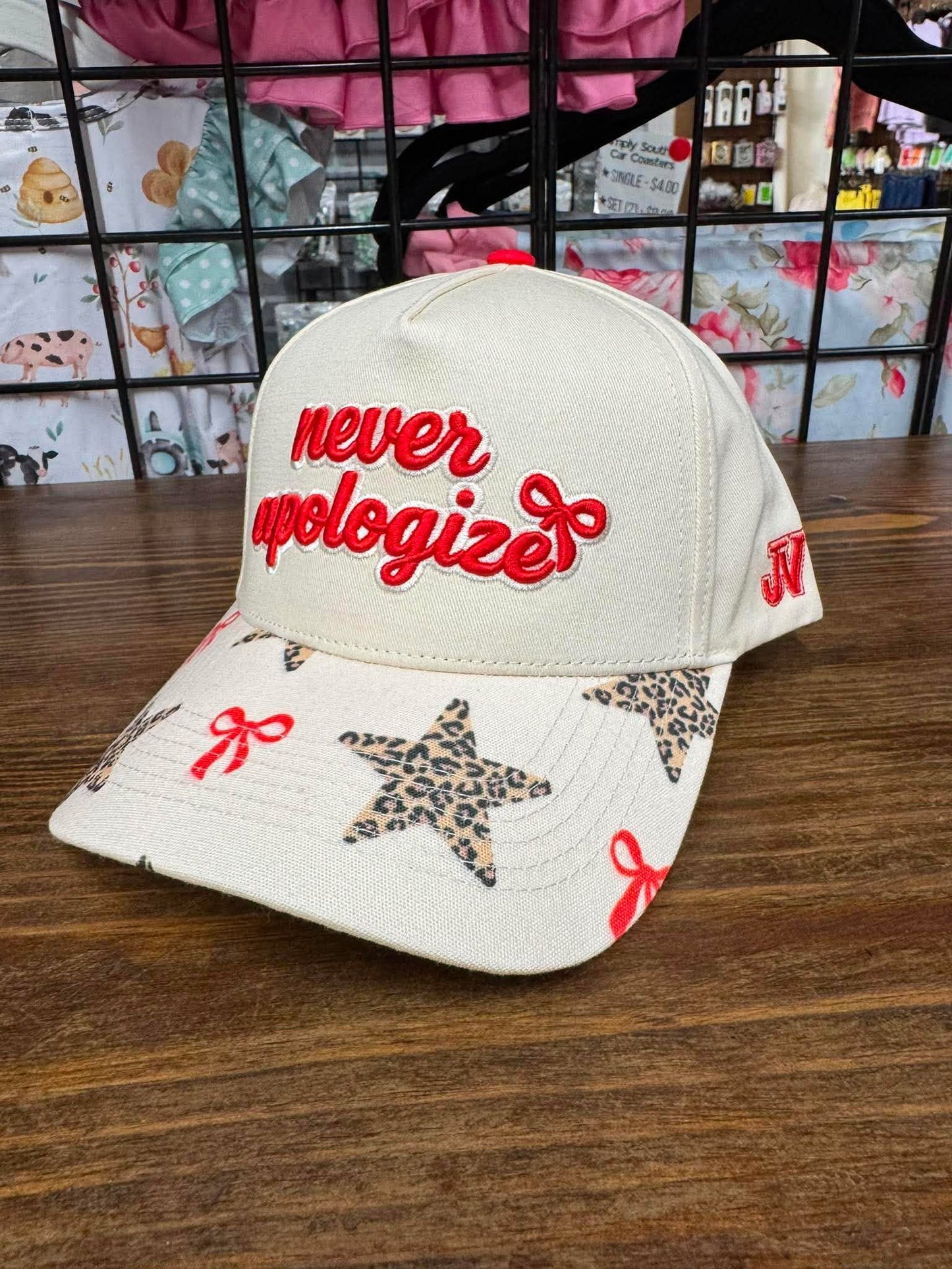 Never Apologize Embroidered Hat | Leopard Star & Bow Embroidered Cap
