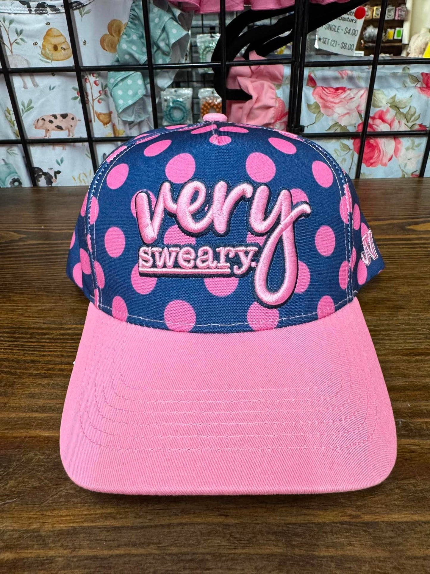 Very Sweary Embroidered Hat | Navy & Pink Polka Dot Statement Cap