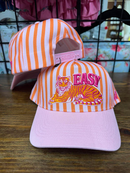 Easy Tiger Embroidered Hat | Pink & Orange Striped Tiger Cap