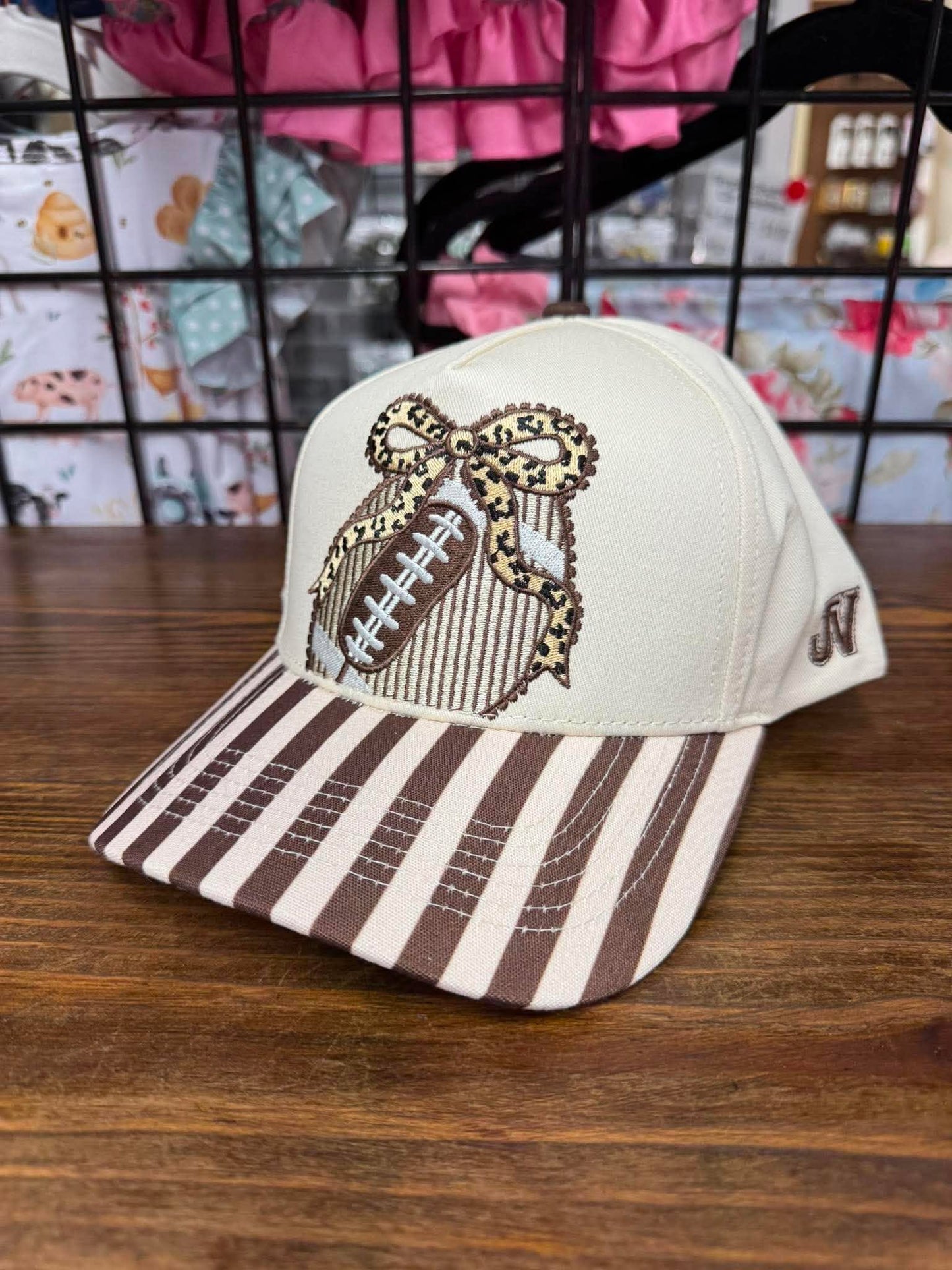 Football Bow Embroidered Hat | Brown Stripe Game Day Cap