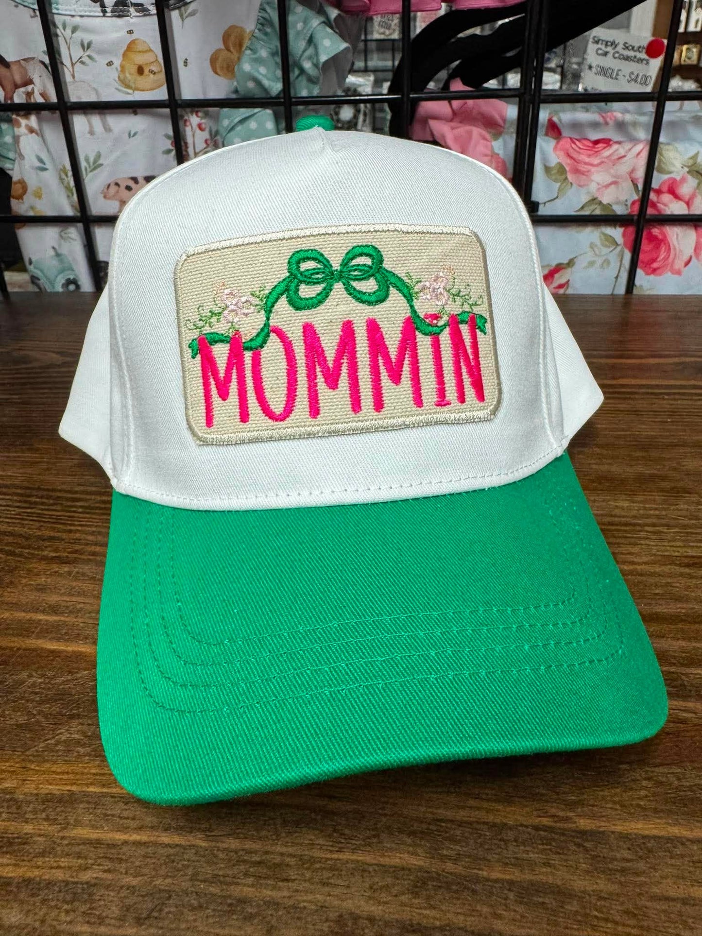 Mommin’ Embroidered Trucker Hat | Green & White Mom Boutique Cap