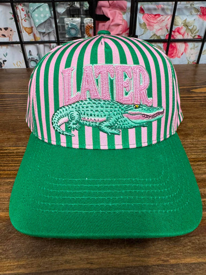 Later Alligator Embroidered Hat | Green & Pink Striped Gator Cap