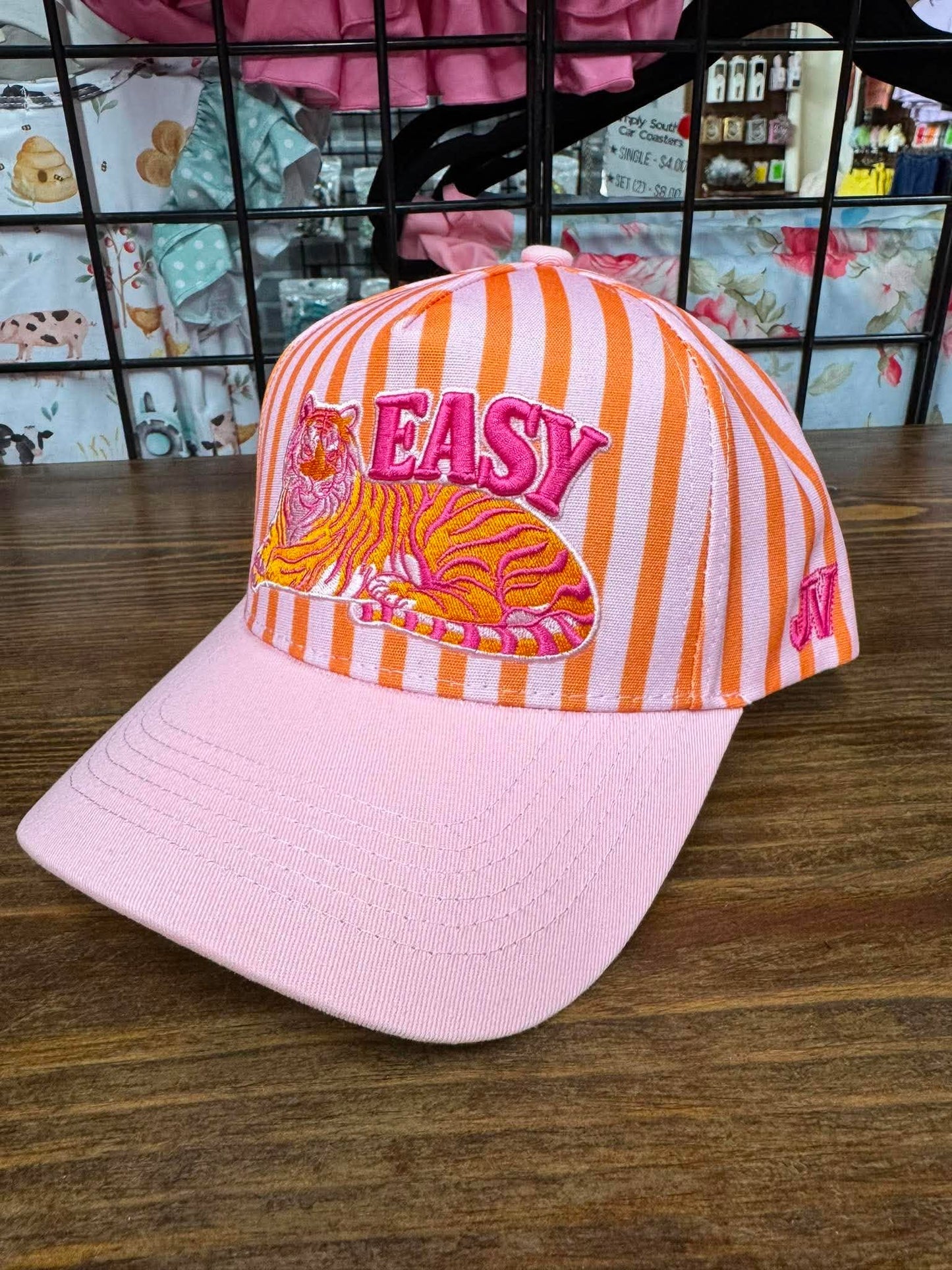 Easy Tiger Embroidered Hat | Pink & Orange Striped Tiger Cap