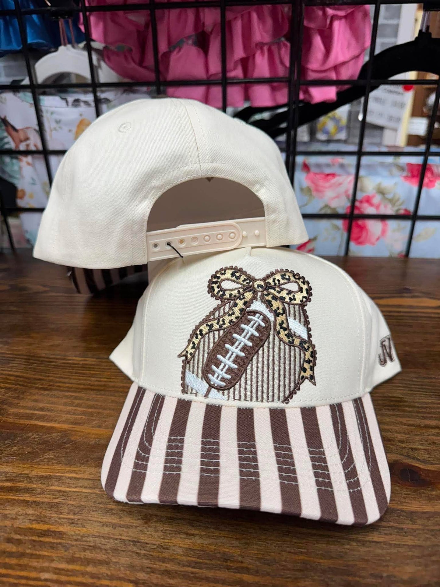 Football Bow Embroidered Hat | Brown Stripe Game Day Cap