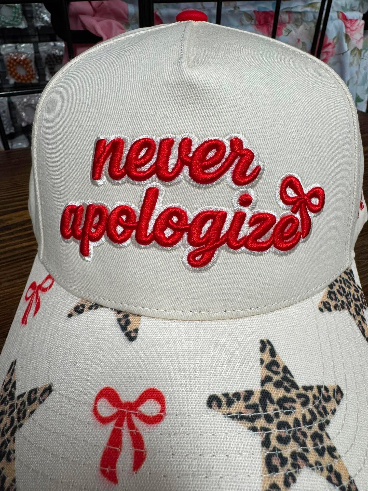 Never Apologize Embroidered Hat | Leopard Star & Bow Embroidered Cap