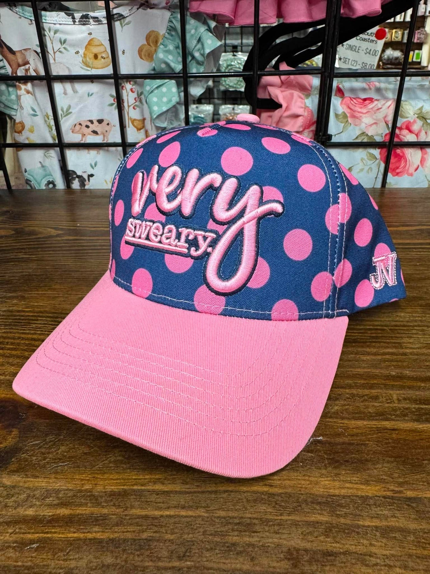 Very Sweary Embroidered Hat | Navy & Pink Polka Dot Statement Cap