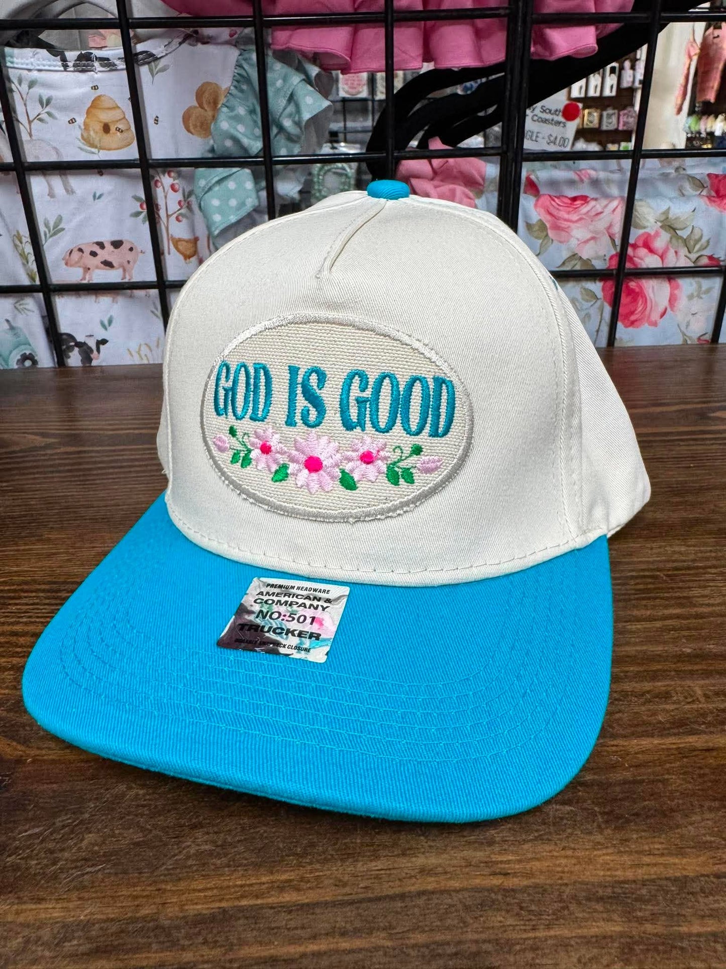 God Is Good Embroidered Trucker Hat | Turquoise Faith Boutique Cap