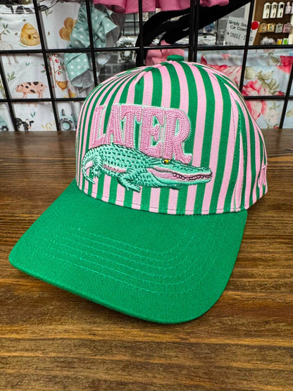 Later Alligator Embroidered Hat | Green & Pink Striped Gator Cap