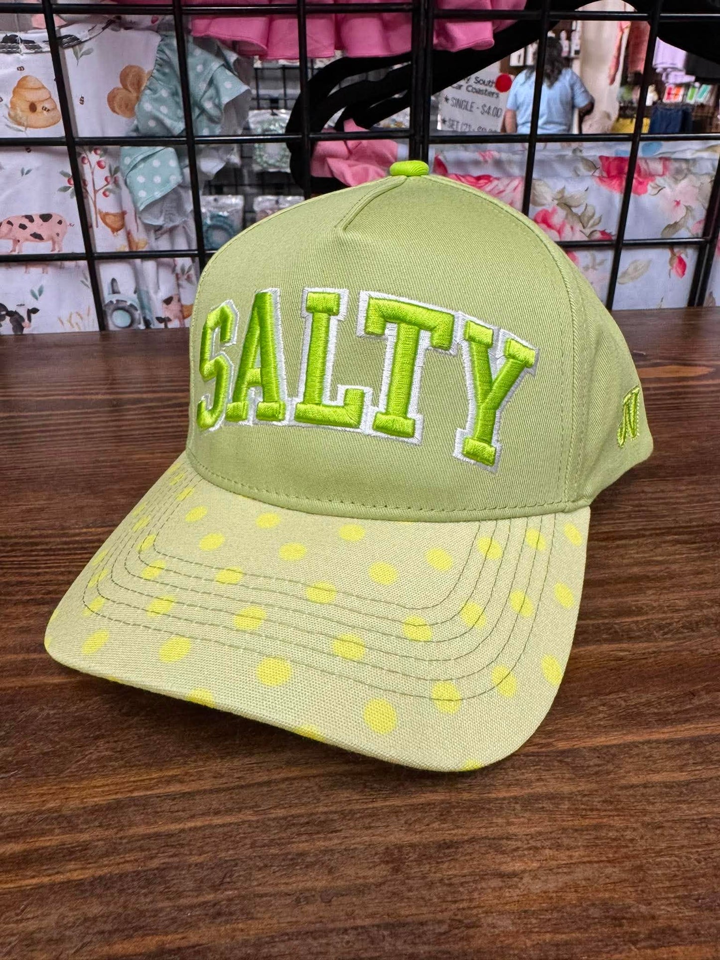 Salty Embroidered Hat | Green Polka Dot Statement Cap