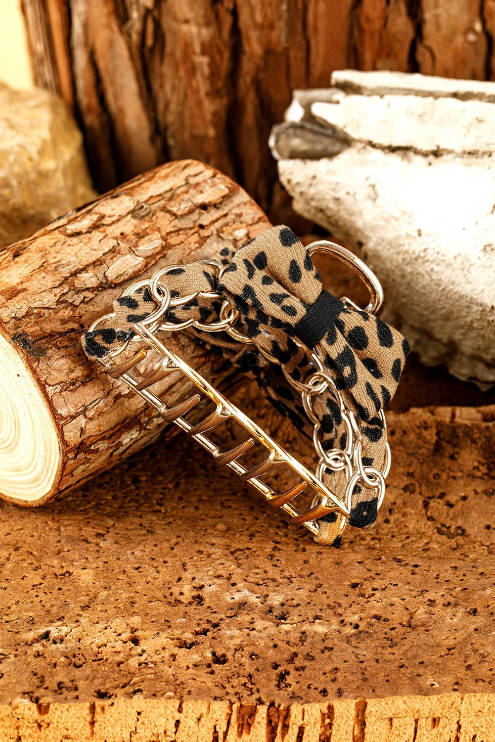 Camel Leopard Bow Hair Claw Clip | Gold Alloy Hair Clip with Leopard Print Bow Detail