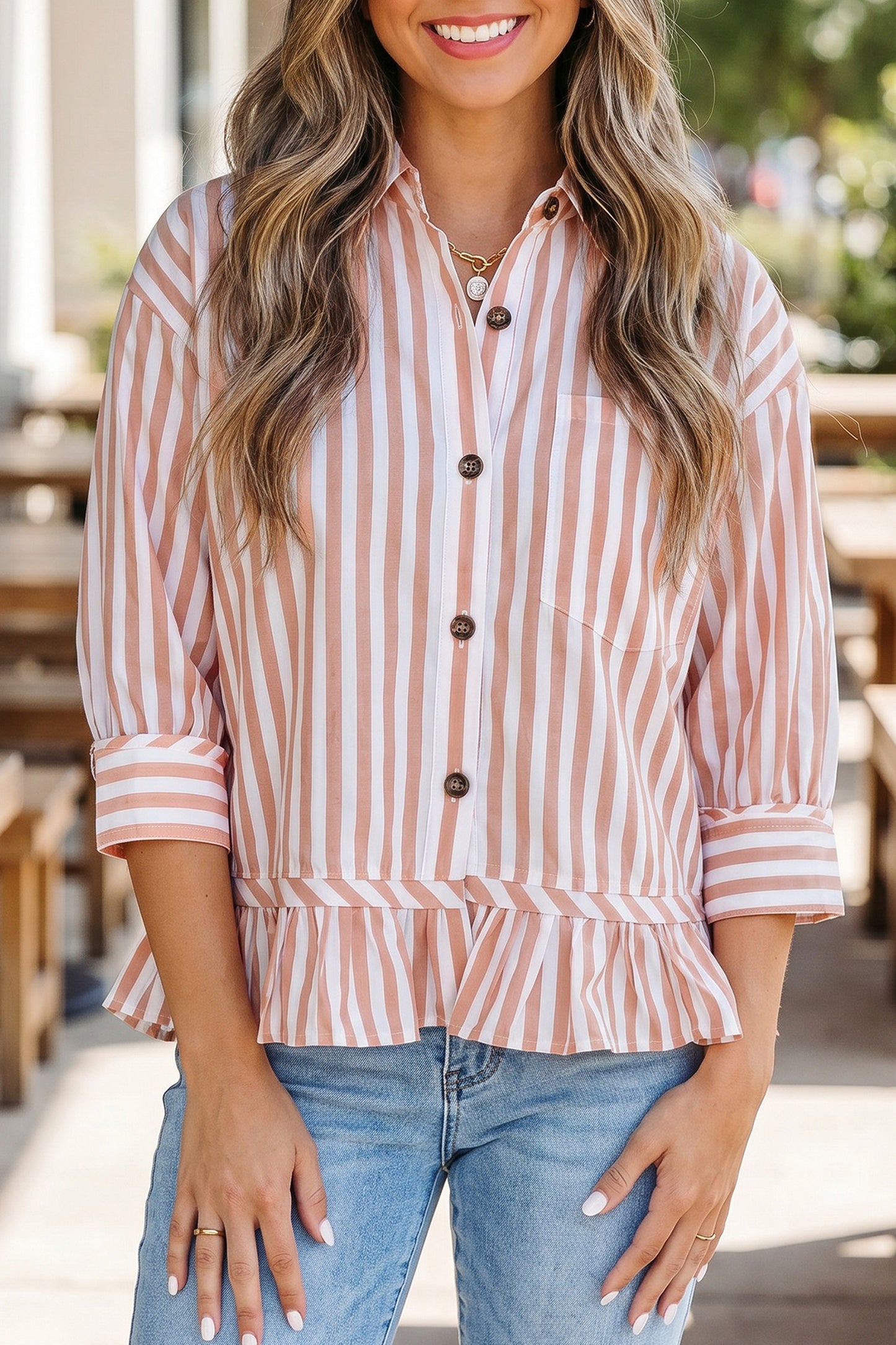 ~PREORDER ~ Button Front Ruffle Hem Bracelet Sleeve Shirt ~PREORDER ~