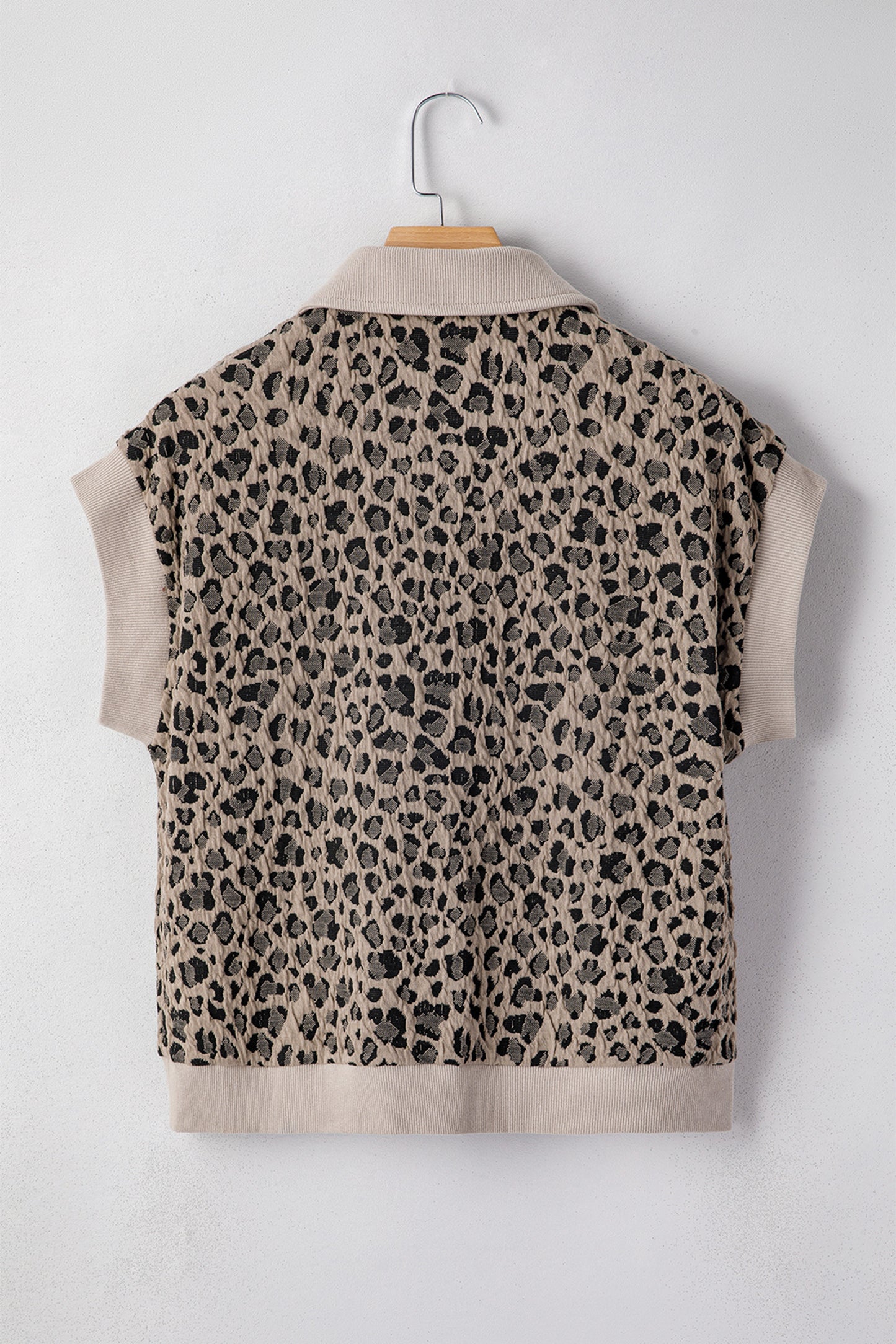 Wild Side Leopard Zip Top – Beige Collared Cap Sleeve Pullover