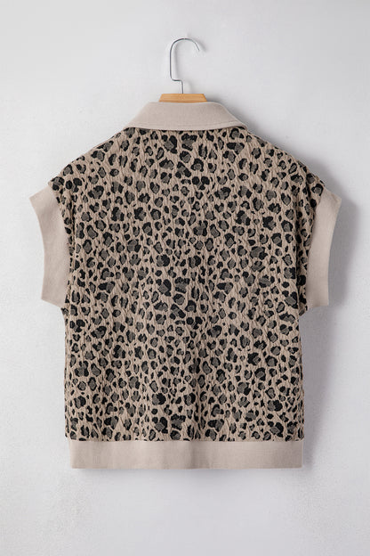 Wild Side Leopard Zip Top – Beige Collared Cap Sleeve Pullover