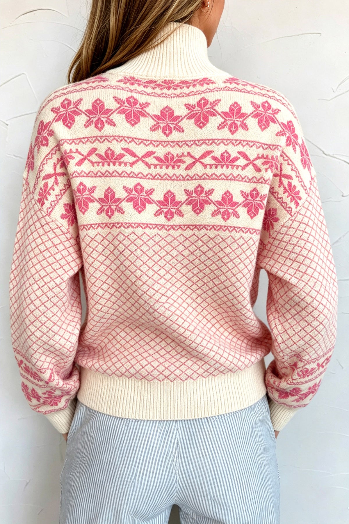 Candy Cane Chalet Sweater | Pink Nordic Quarter Button Knit Pullover