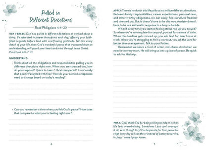 “The 5-Minute Bible Study Journal for a Less Stressed Life — front cover floral design”

“Inside pages showing daily devotional format: Read, Understand, Apply, Pray”

“Spiral bound devotional journal—pocket-friendly size”