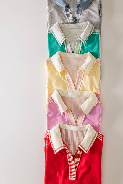 Oversized Collared Knit Top | Contrast Detail Half Sleeve Casual Shirt