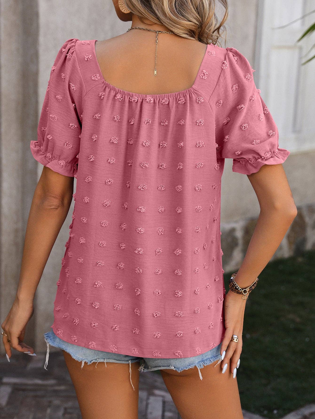 Short Sleeved Solid Color Square Neck Bubble Blouse