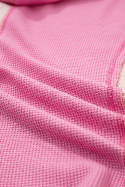 Pink Waffle Floral Patchwork Hooded Oversized Pullover