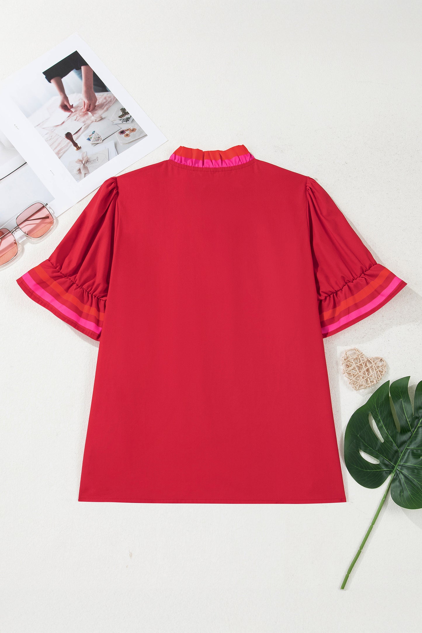 Fiery Red Ruffle Sleeve Blouse | Striped Trim Frill Collar Top