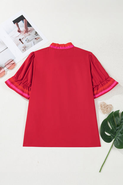 Fiery Red Ruffle Sleeve Blouse | Striped Trim Frill Collar Top