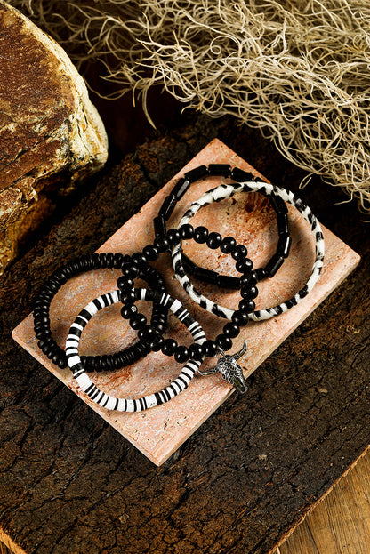 Western Skull Bracelet Set – Black Timber Bead Stack with Longhorn Charm (5pc Set)