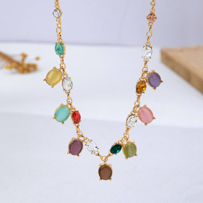 Rainbow Cat’s Eye Charm Necklace | Gold Multi-Color Stone Statement Necklace