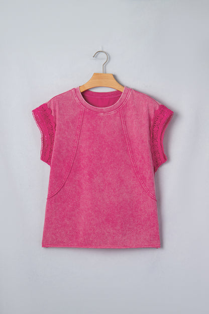 ~PREORDER ~ Pink Mineral Wash Lace Trim Cap Sleeve Top ~PREORDER ~