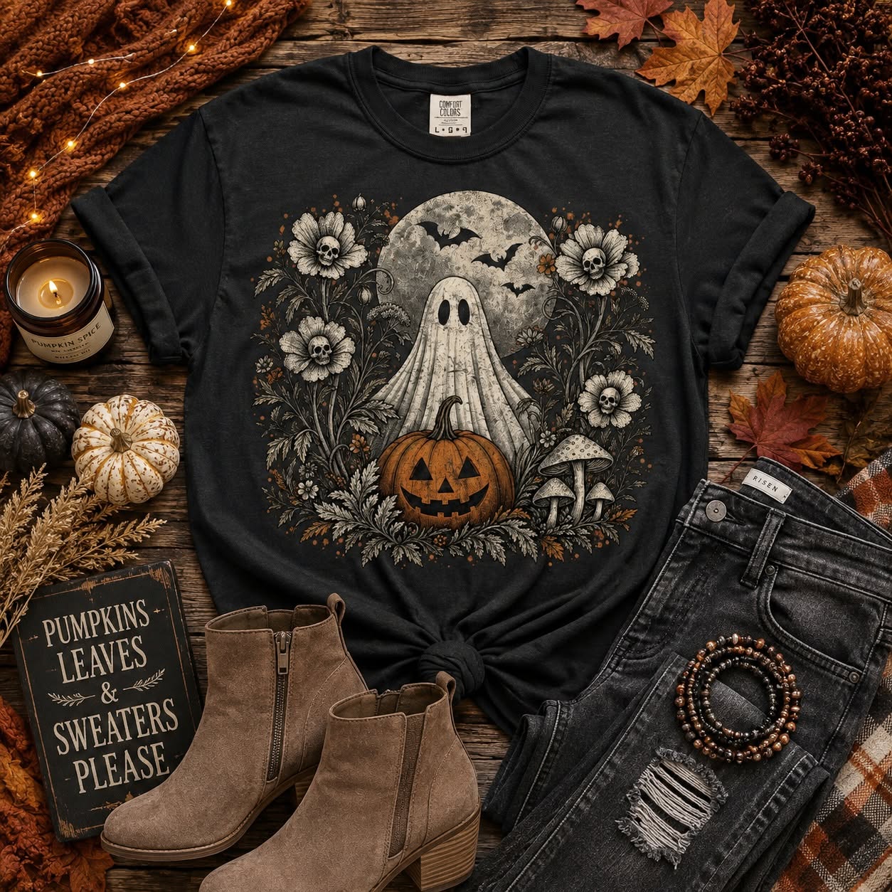 Moonlit Pumpkin Ghost Tee | Vintage Halloween Graphic T-Shirt