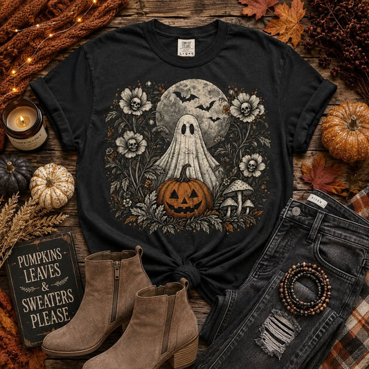 Moonlit Pumpkin Ghost Tee | Vintage Halloween Graphic T-Shirt