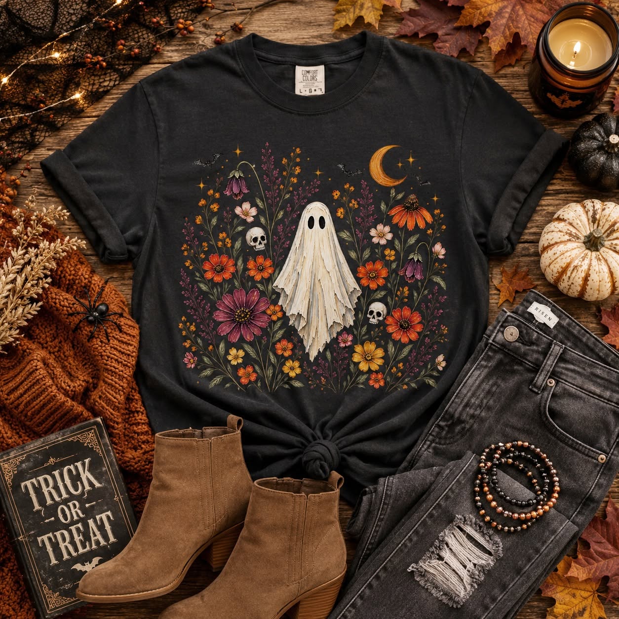Midnight Garden Ghost Tee | Floral Halloween Graphic T-Shirt