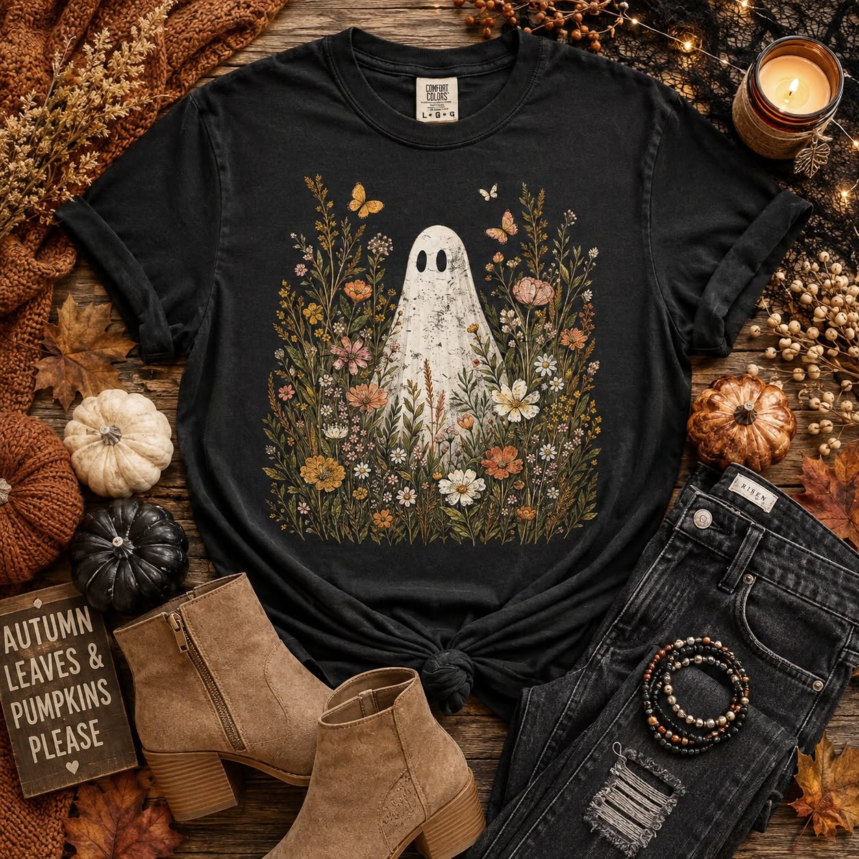 Midnight Wildflower Ghost Tee | Fall Floral Ghost Graphic T-Shirt