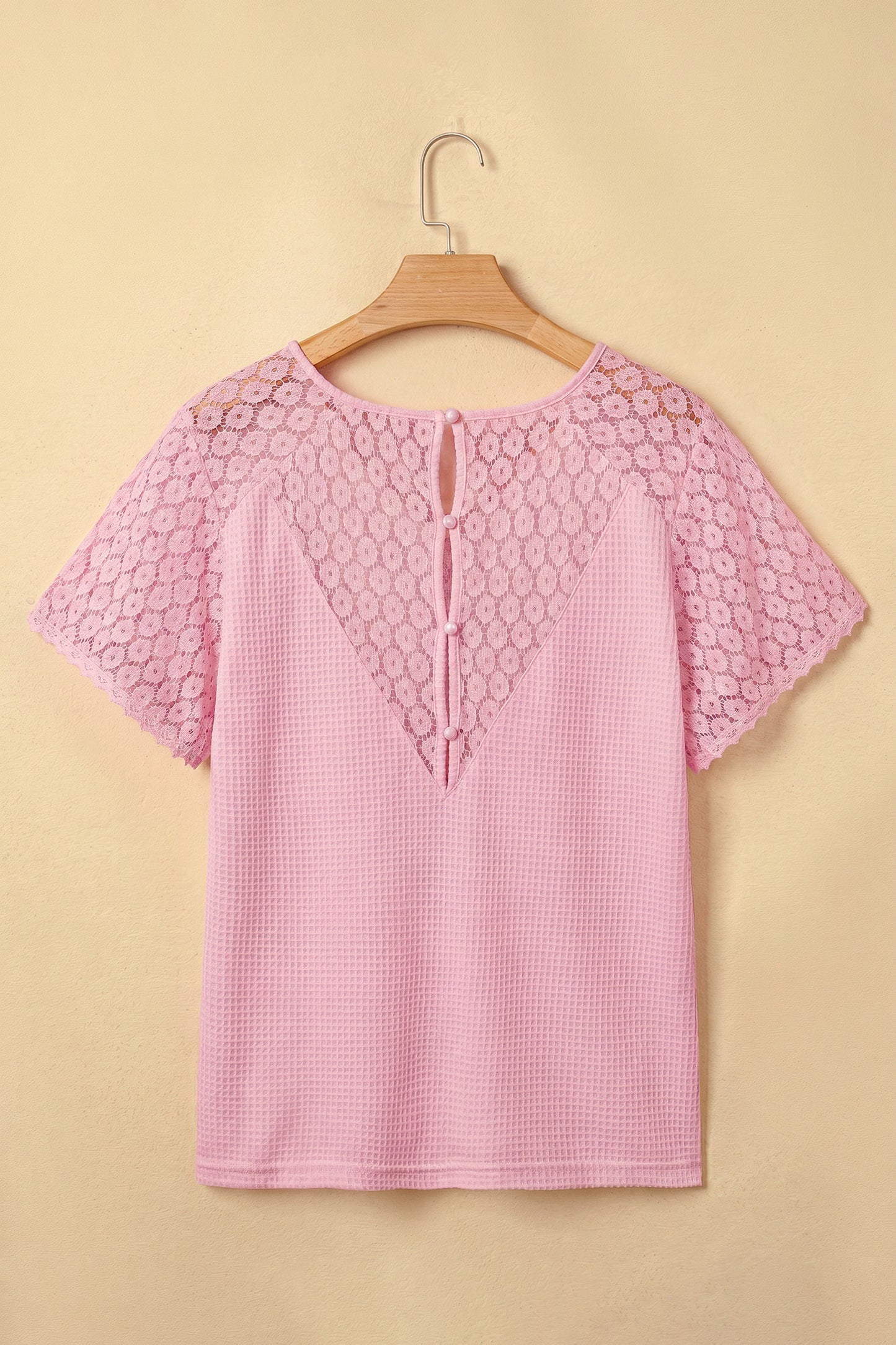 ~PREORDER ~ Lace Splicing Button Cutout V Neck Waffle Knit Blouse ~PREORDER ~