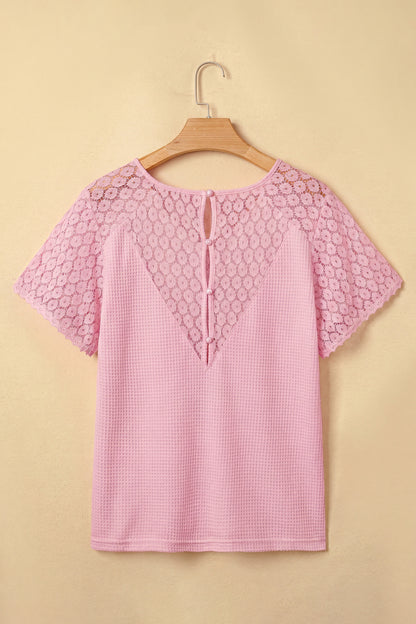 ~PREORDER ~ Lace Splicing Button Cutout V Neck Waffle Knit Blouse ~PREORDER ~