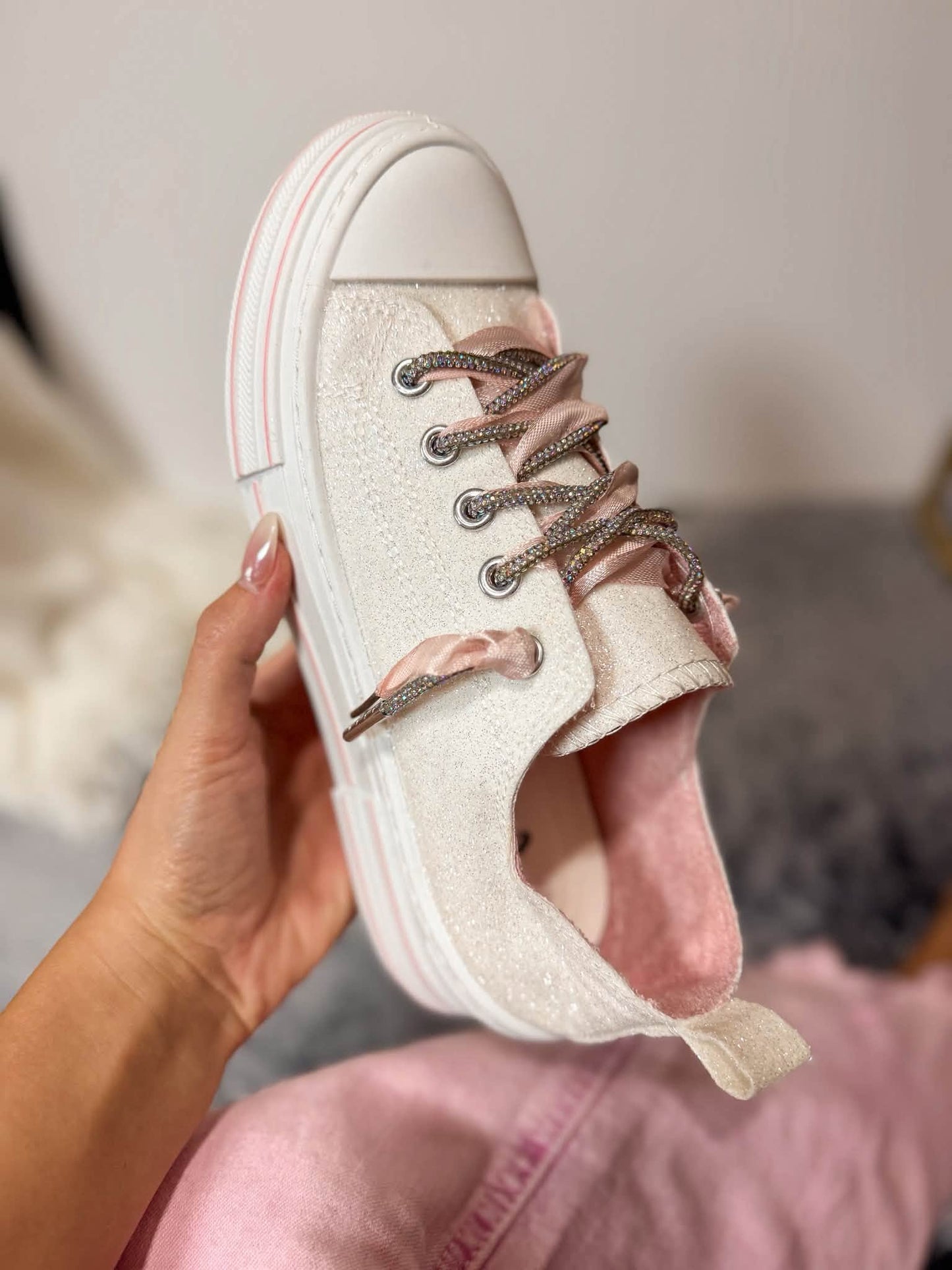 Aman Glitter Slip-On Sneaker | White Rhinestone Lace Low Profile Shoe