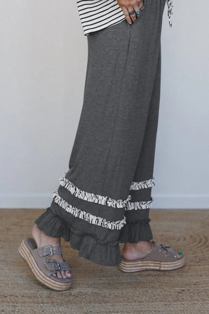 ~PREORDER~ Gray Stripe V Neck Ruffle Contrast Sleeve Pants Set ~PREORDER~