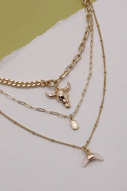 Desert Charm Layered Necklace | Bull Horn Multi Layer Gold Necklace
