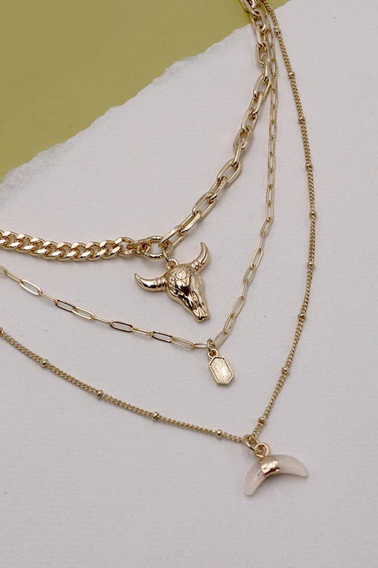 Desert Charm Layered Necklace | Bull Horn Multi Layer Gold Necklace