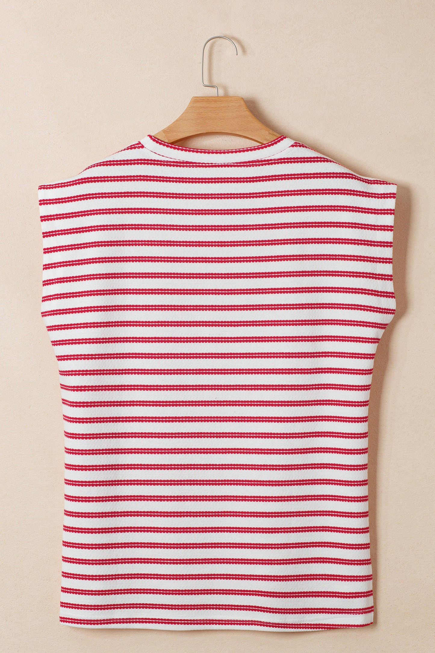 Red Stripe Textured Knit Top with Gold Button Detail – Chic Short Sleeve Boutique Tee for Women