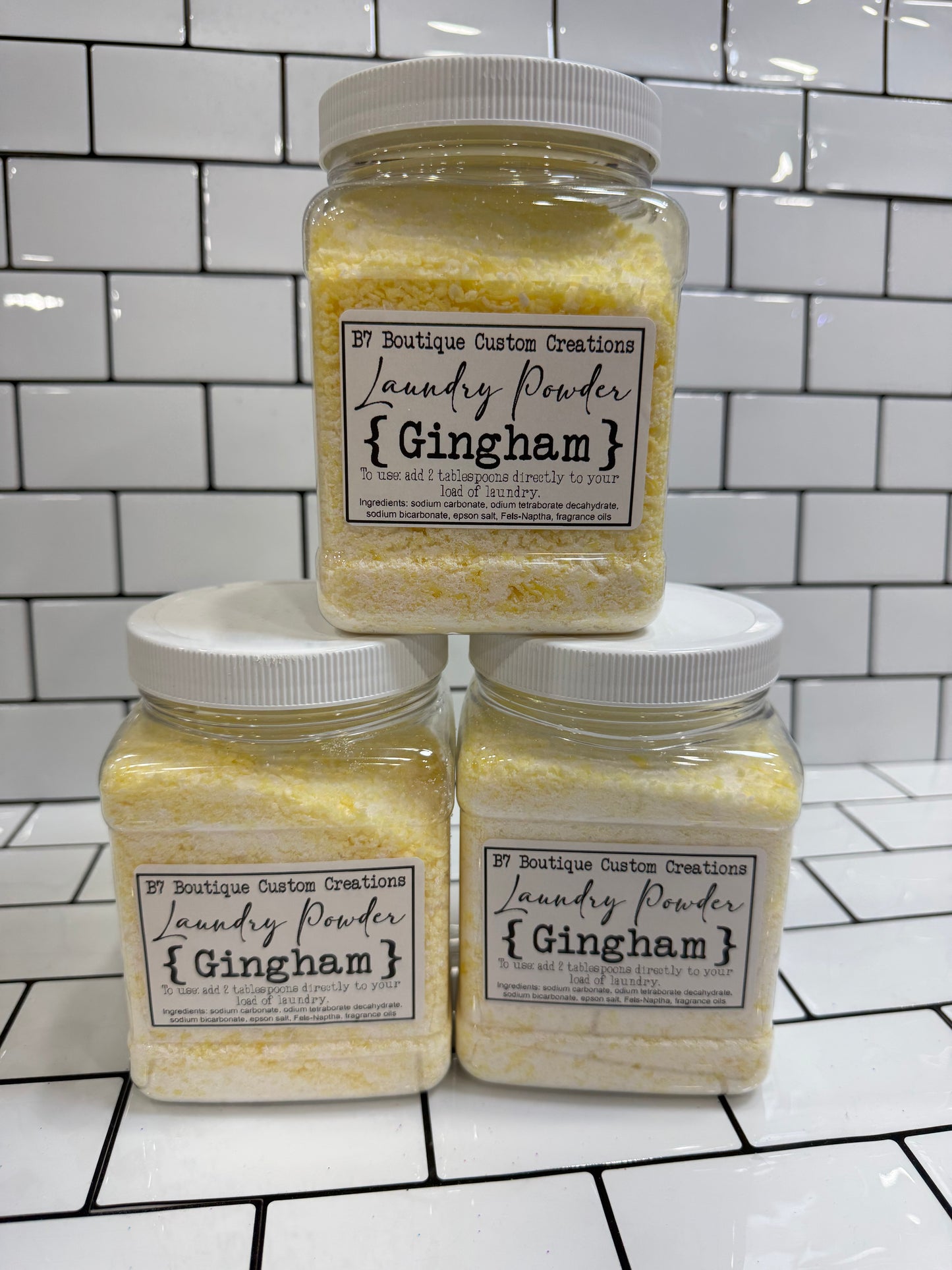 Gingham laundry powder in clear jars by B7 Boutique custom creations - handmade, non-toxic laundry detergent, natural fabric freshener, eco-friendly cleaning product. 
