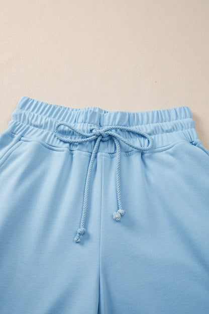 Mist Blue Lounge Set – Soft Tee & Drawstring Wide Leg Pants 2-Piece Outfit