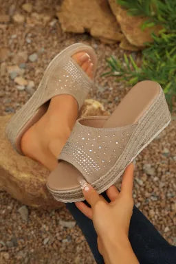Beige Rhinestone Suede Slip-On Wedge Slippers | Cozy Chic Boutique Footwear