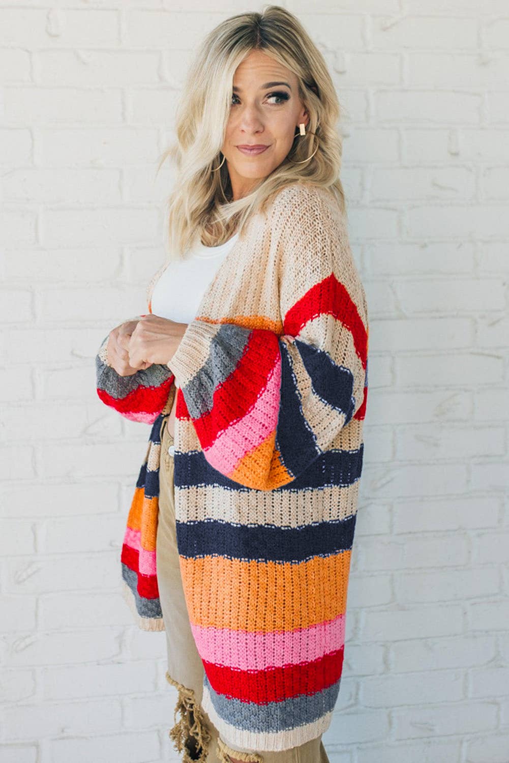 Knitted Balloon Sleeve Open Cardigan