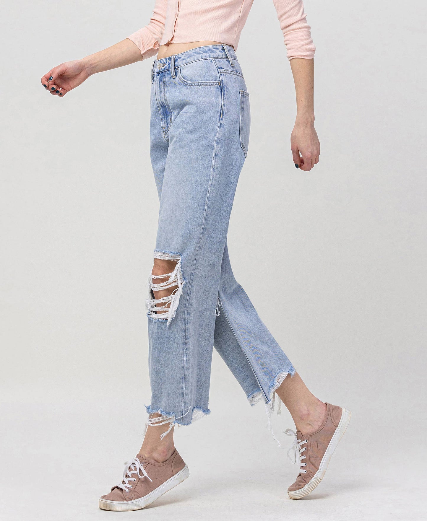 90s Throwback Super High Rise Crop Flare Jeans – Distressed Raw Hem Vintage Denim Vervet V2839
