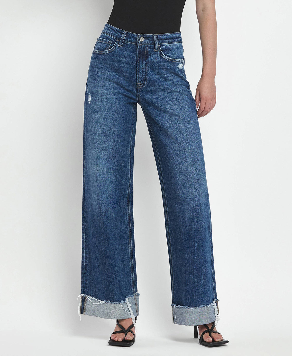 Vervet Super High Rise Baggy Wide Leg Jeans | Dark Wash Cuffed Denim T6614