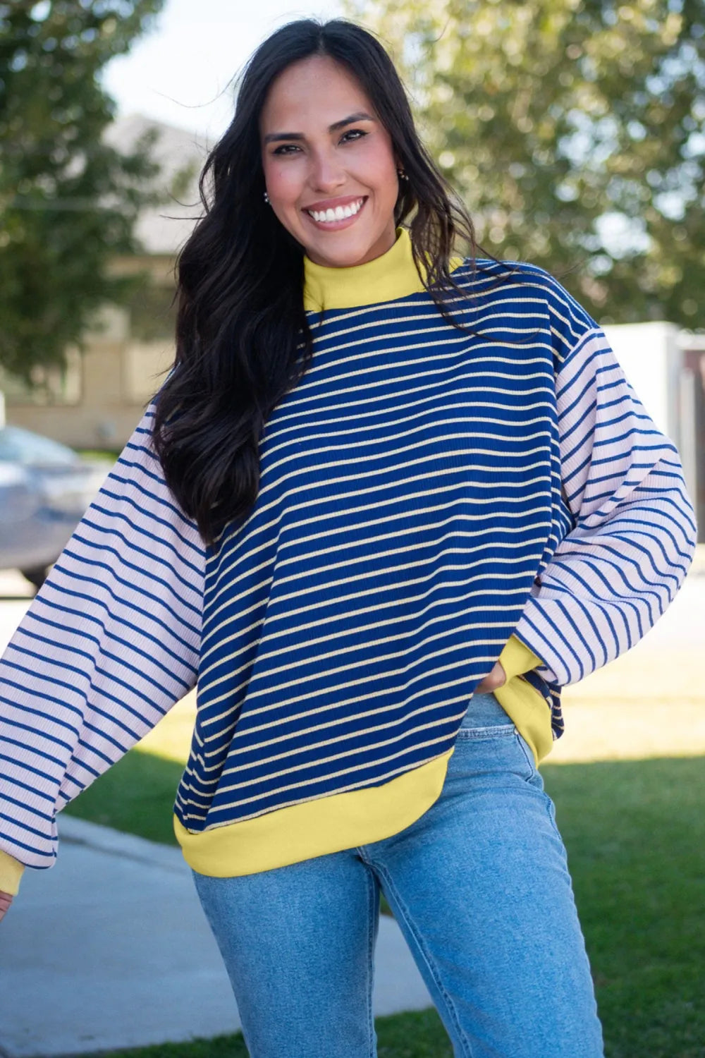 ~PREORDER~ Blue Stripe Contrast Long Sleeve Crew Neck Pullover Top ~PREORDER~