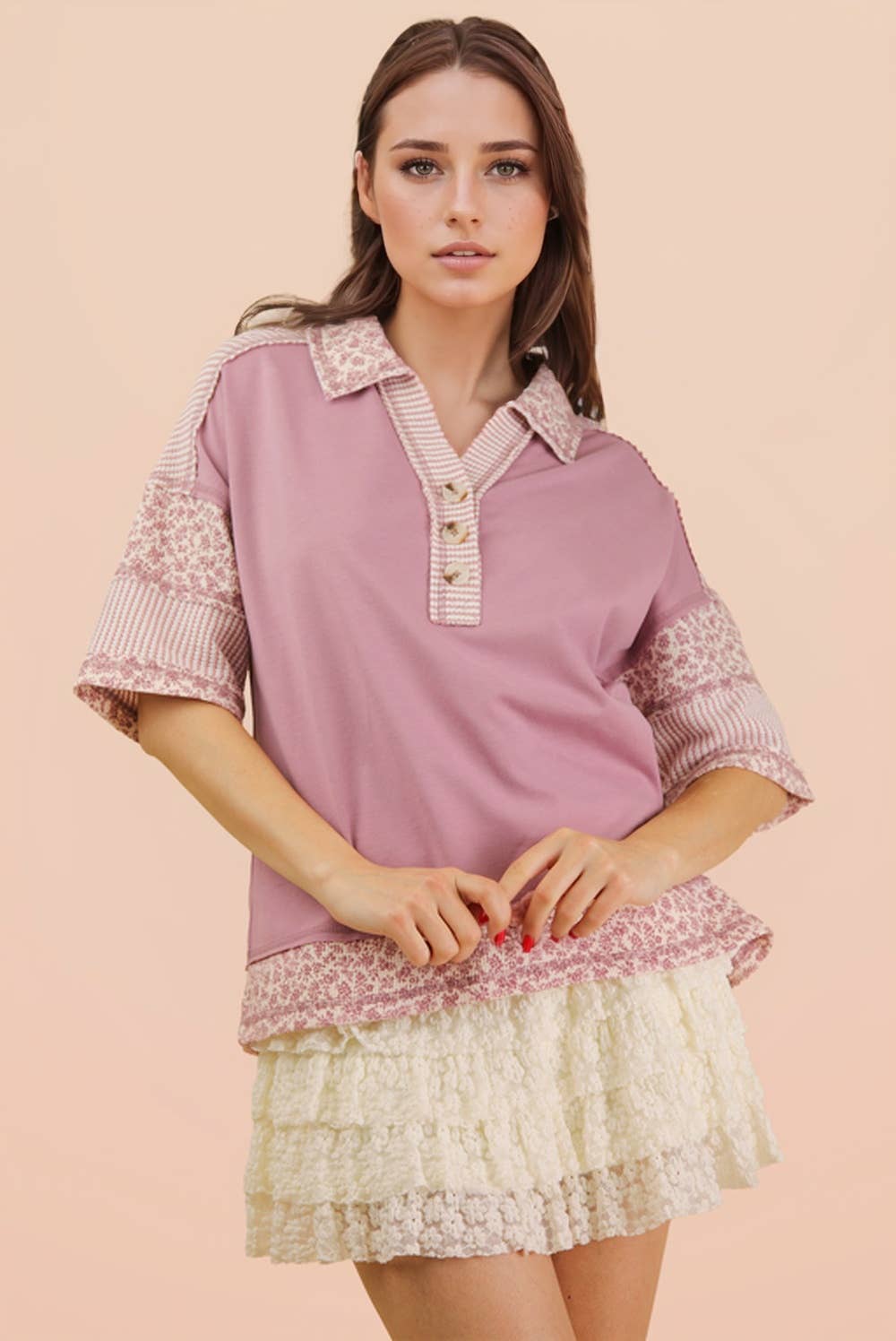 Blush Contrast Collared Knit Top | Oversized Half Button Down Shirt