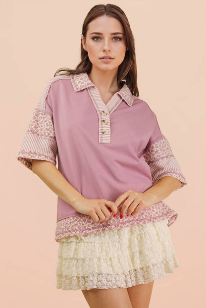 Blush Contrast Collared Knit Top | Oversized Half Button Down Shirt