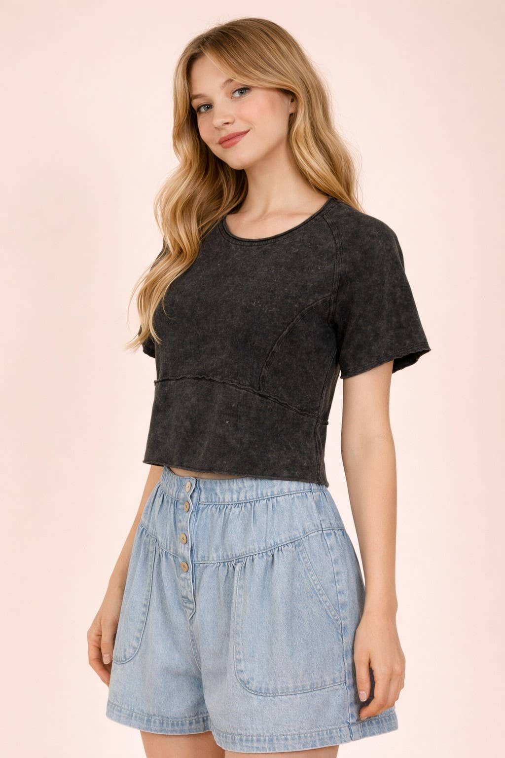Mineral Washed Fitted Crop Top | Raw Edge Short Sleeve Tee