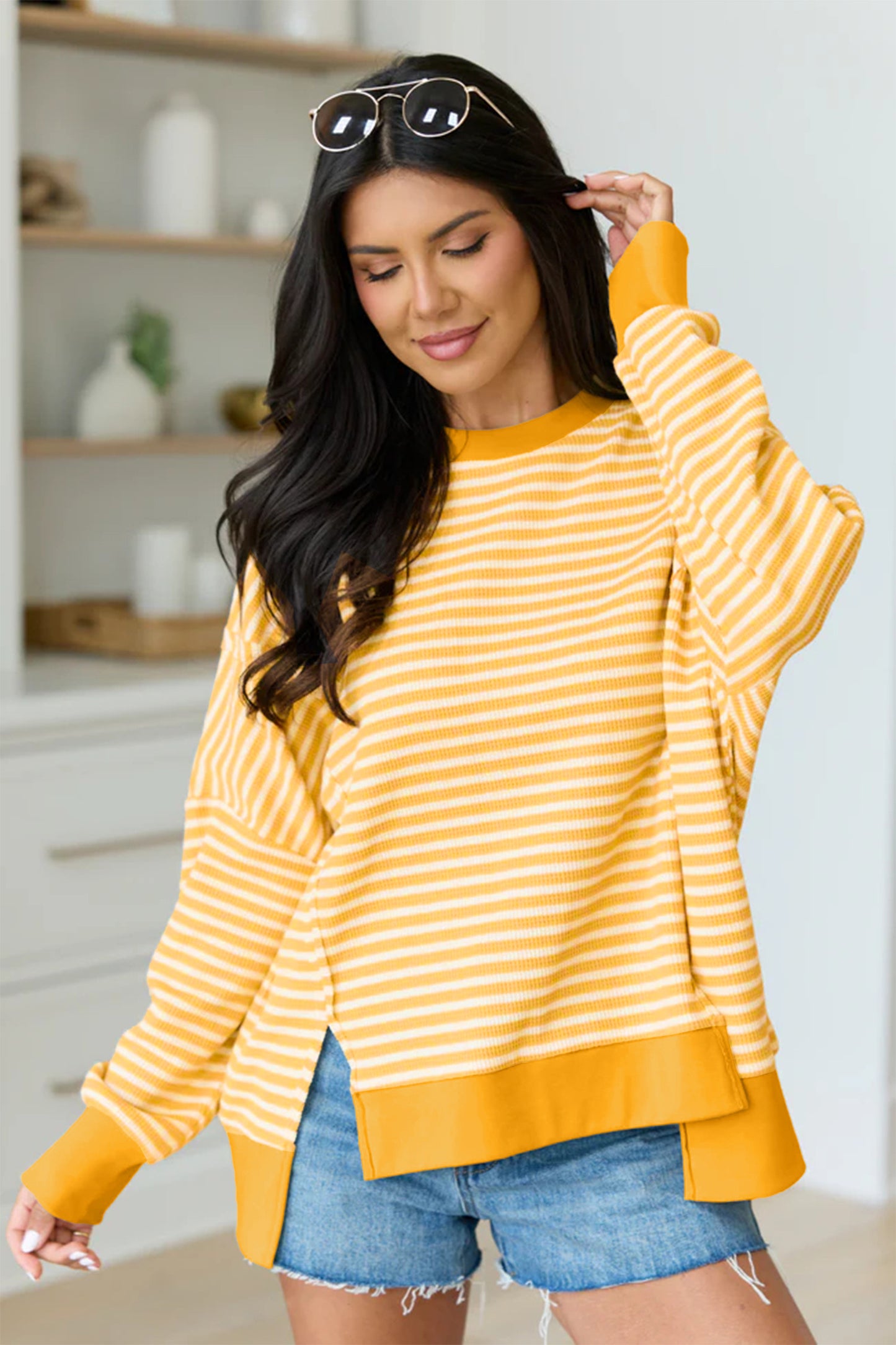 ~PREORDER~ Easy Stripe Textured Knit Split Hem Top ~PREORDER~