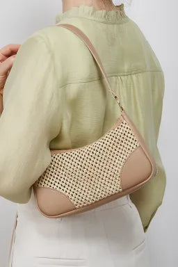 Khaki Straw Woven Leather Patchwork Shoulder Bag